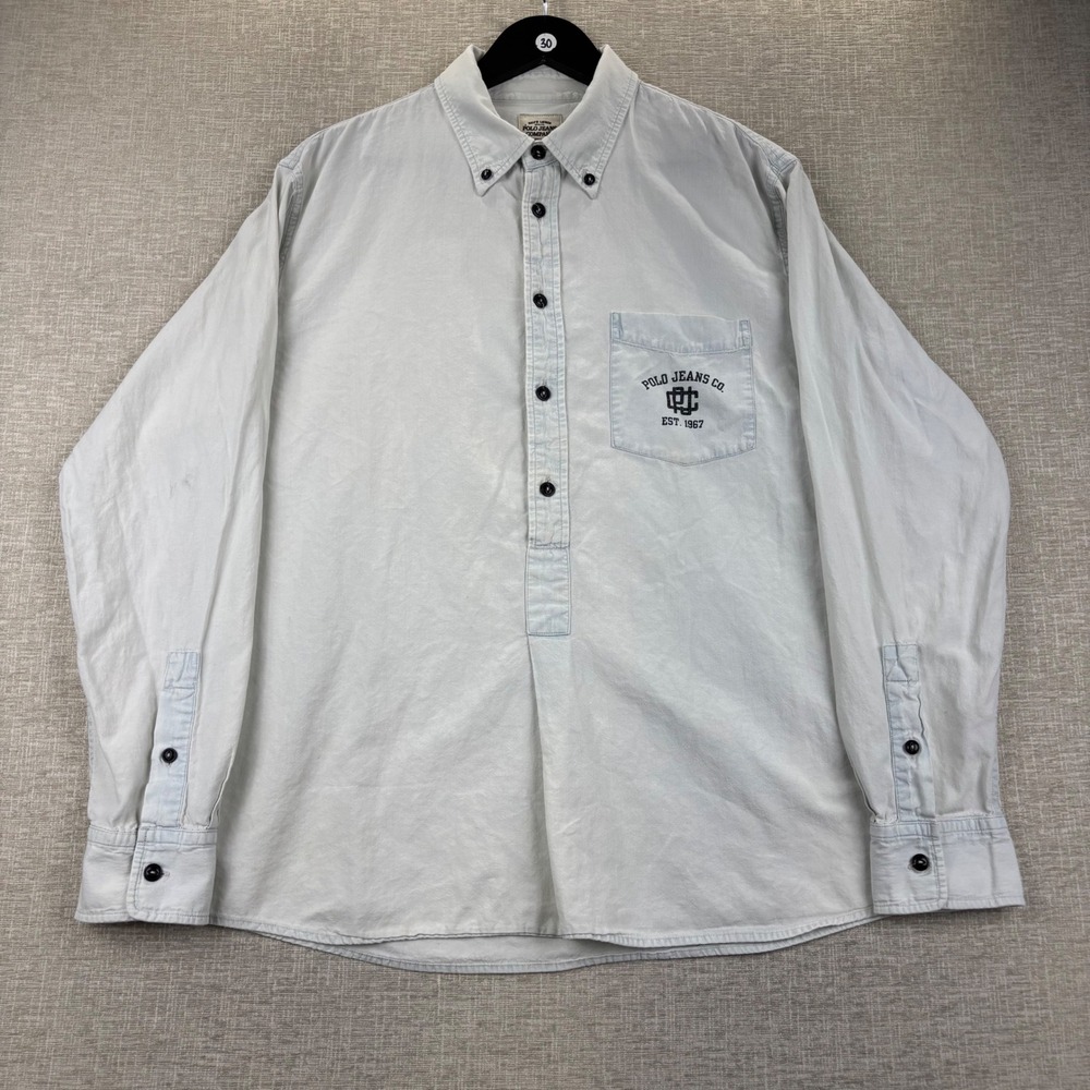 Polo Jeans Co Ralph Lauren Mens Large Light Wash Denim Popover Shirt L/S Logo
